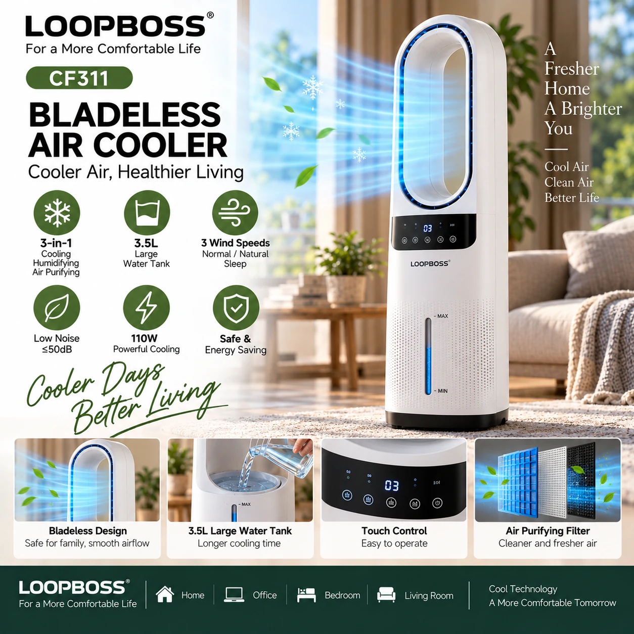 LOOPBOSS Bladeless PTC Fan Heater HC308