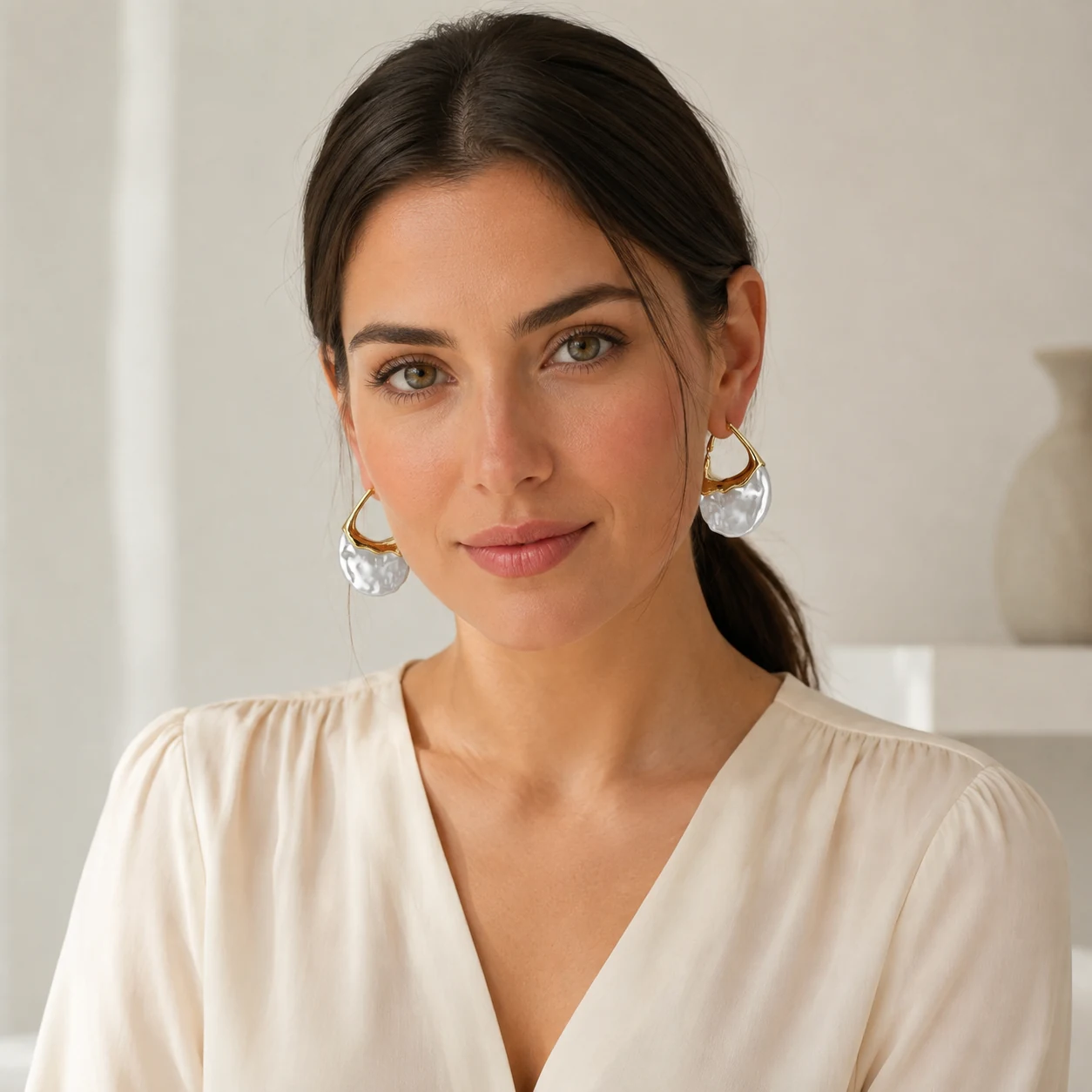 ShaiNewi Gold Pearl Hoop Earrings