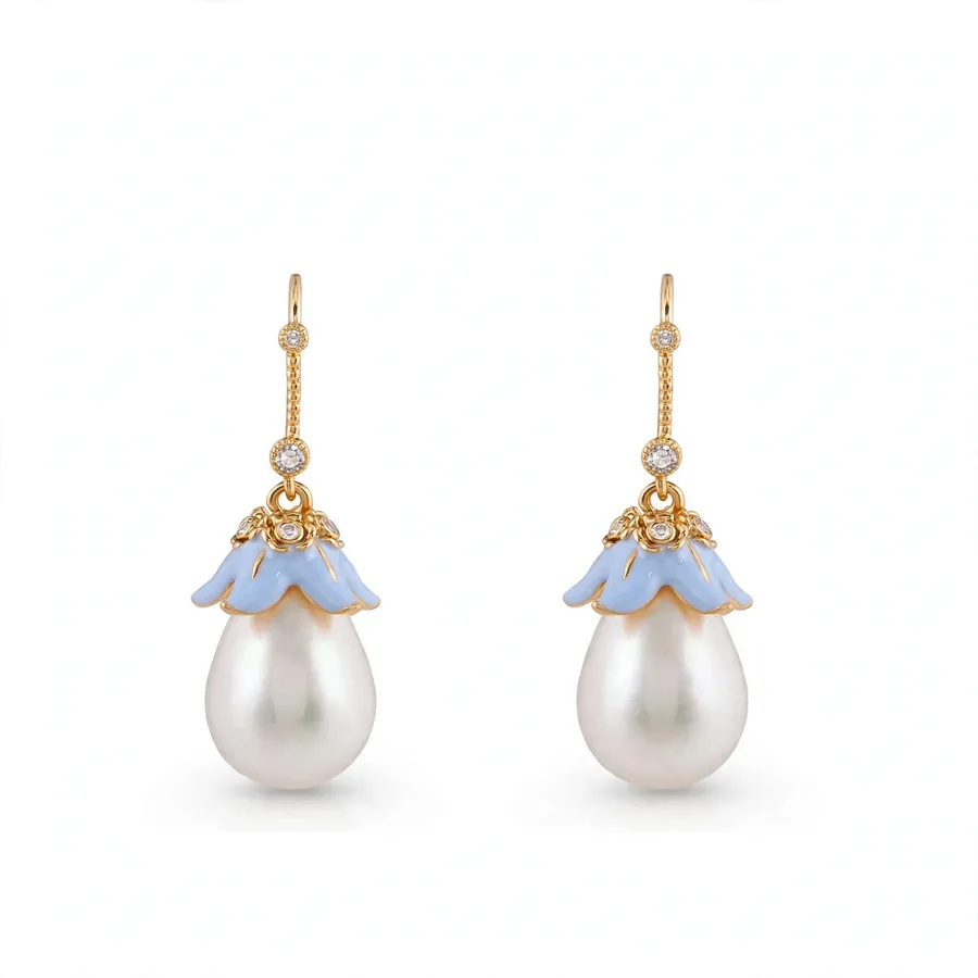 Blue Flower Pearl Hook Earrings