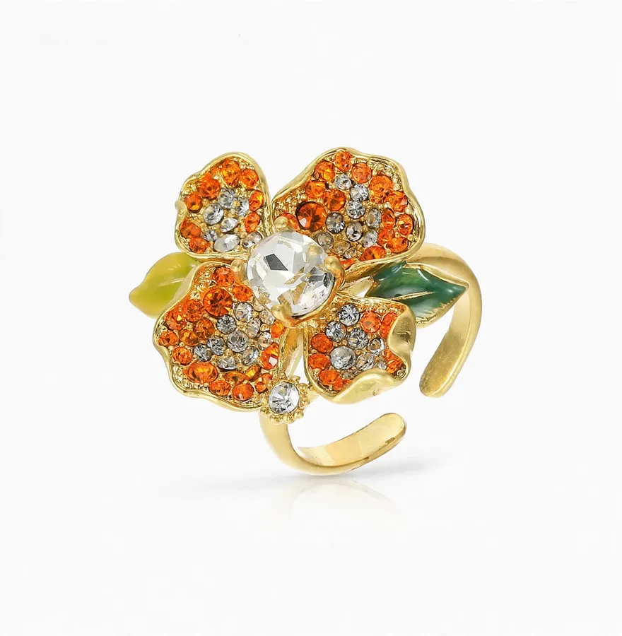 Crystal Flower Green Leaf Ring